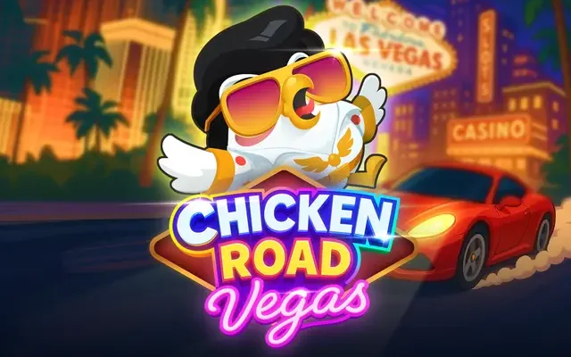 Écran du jeu Chicken Road Vegas avec la poule devant une voiture rouge